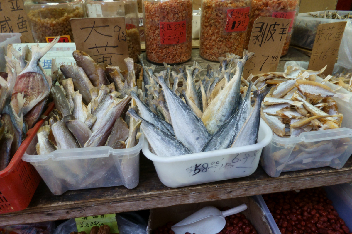 Trays contain salted fish for sale in China.