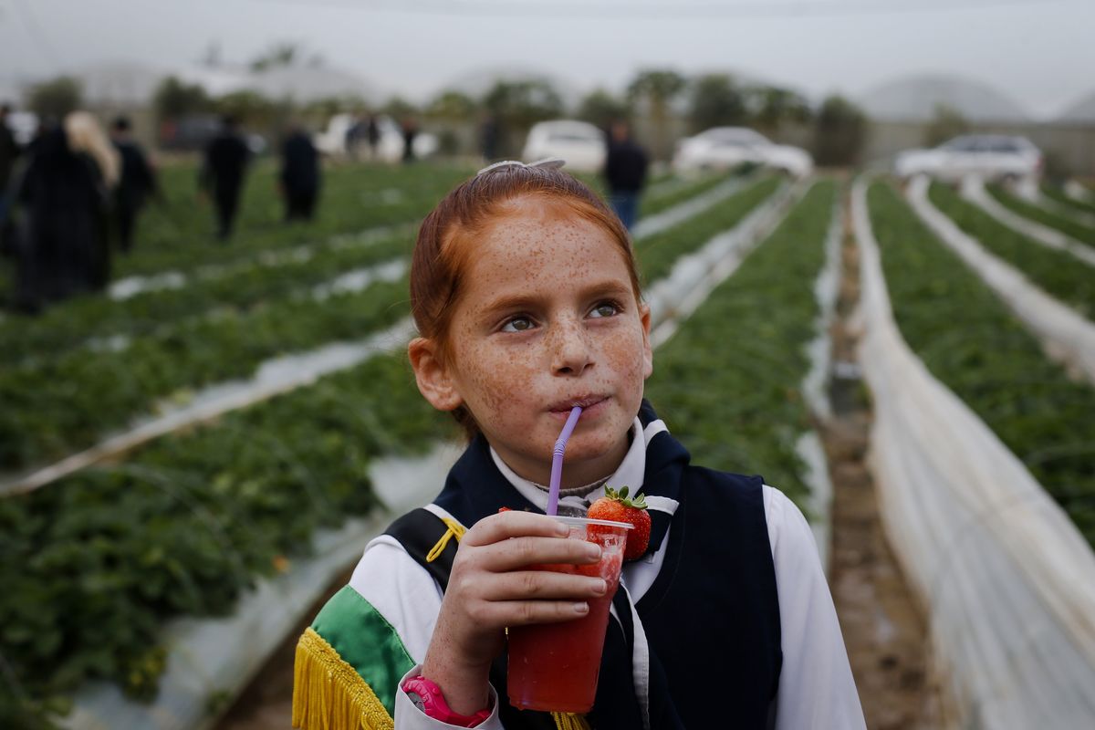 A girl drinks a glass of juice made from strawberries.